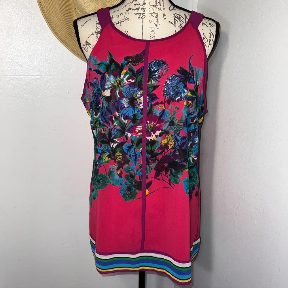 Nicole Miller,L, floral with contrast striped hem halter style keyhole back tank